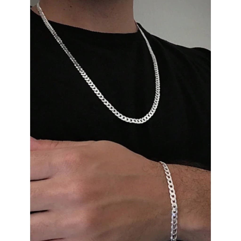 kit 2 peças Joias Conjunto de Corrente Grumet Colar e Pulseira Moda Masculina Banhadas a Prata Aço Inox 316L 2.0 mm kit