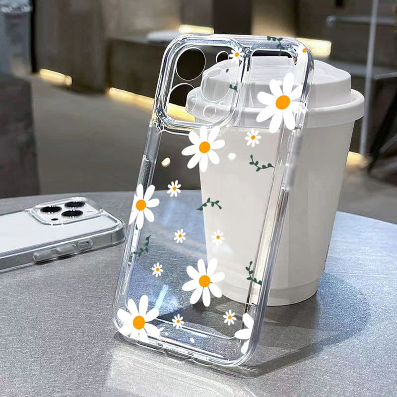 Bonito Margarida Floral Caso De Telefone Para iPhone 11 13 15 17 Pro 12 14 16 Max 7 8 Plus SE2 XR X XS Claro Impresso Ca