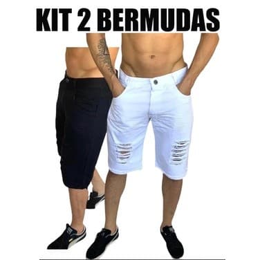 Kit 2 Bermudas Confortaveis Jeans Destroyed Desfiada Rasgadas Branca E Preta Promoção Slim