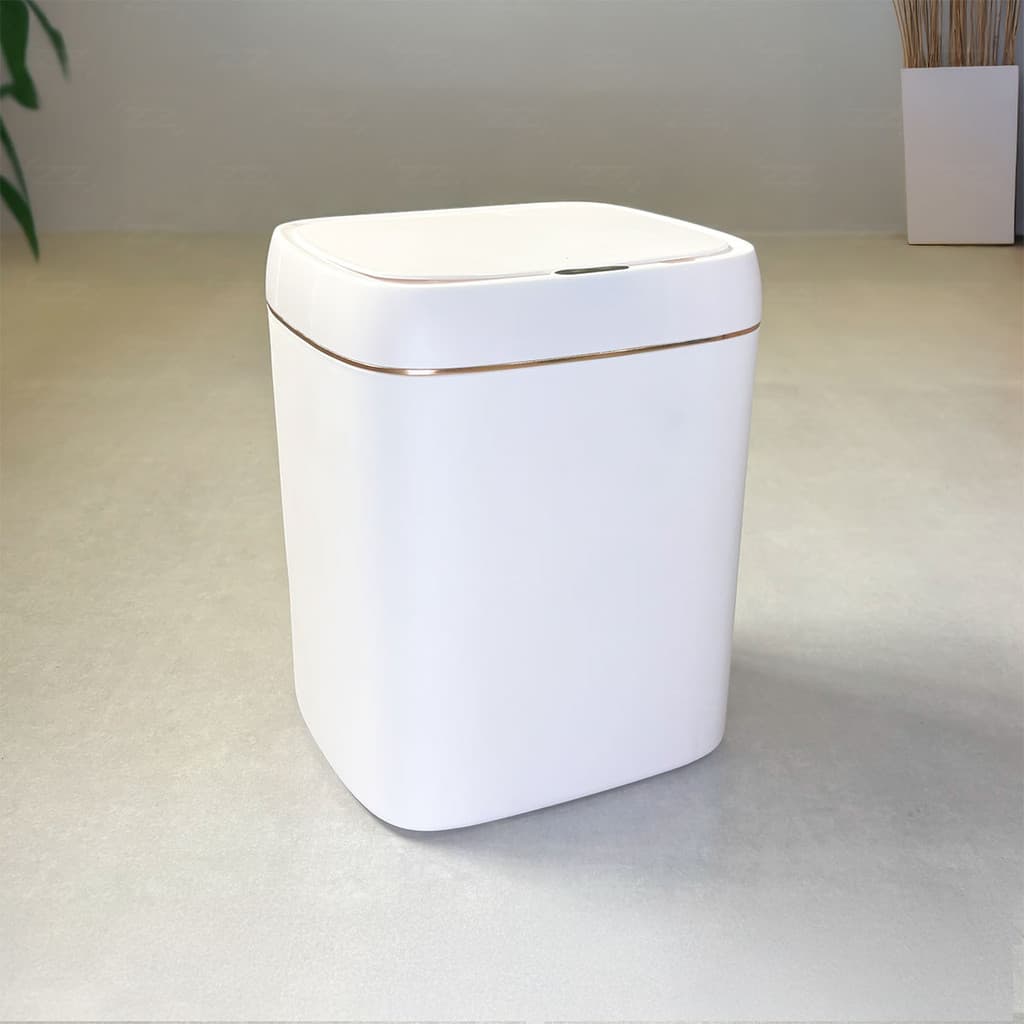 Lixeira Eletrônica Inteligente 11 Litros Branco com Dourado à Bateria Recarregável Cozinha Banheiro