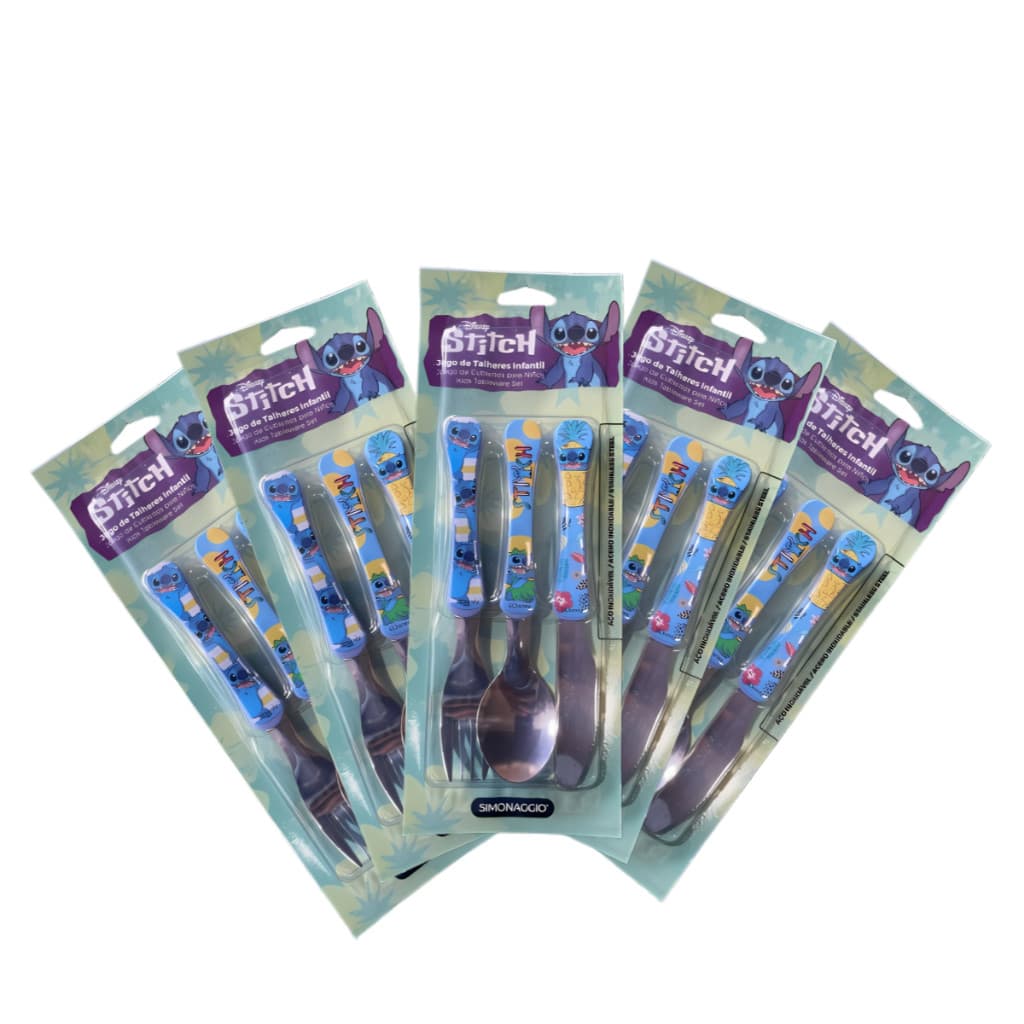 Kit 3 Talher Infantil Stitch Colher Garfo Faca Inox