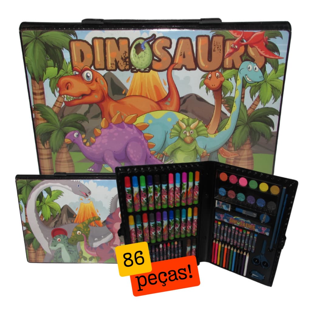 Dinossauros T-Rex Estego Bronto | Estojo Escolar Infantil Maleta De Pintura 86 Peças Pré-História