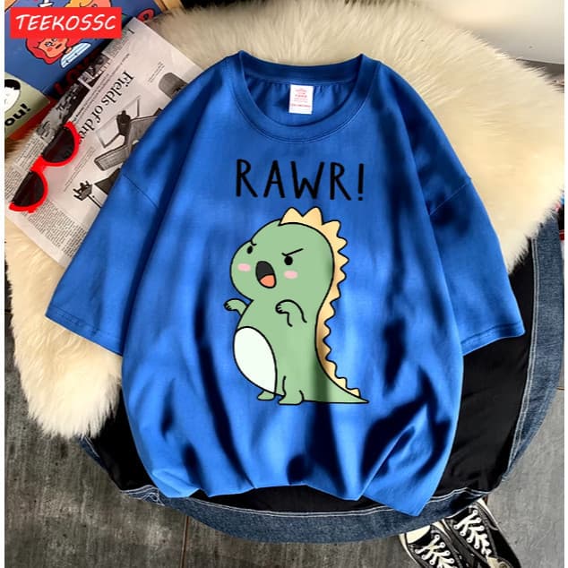 Camiseta Basica Camisa Dinossauro RAWR Dino, Dinossaur Graphic Cartoon Vintage Verão Gola Solta