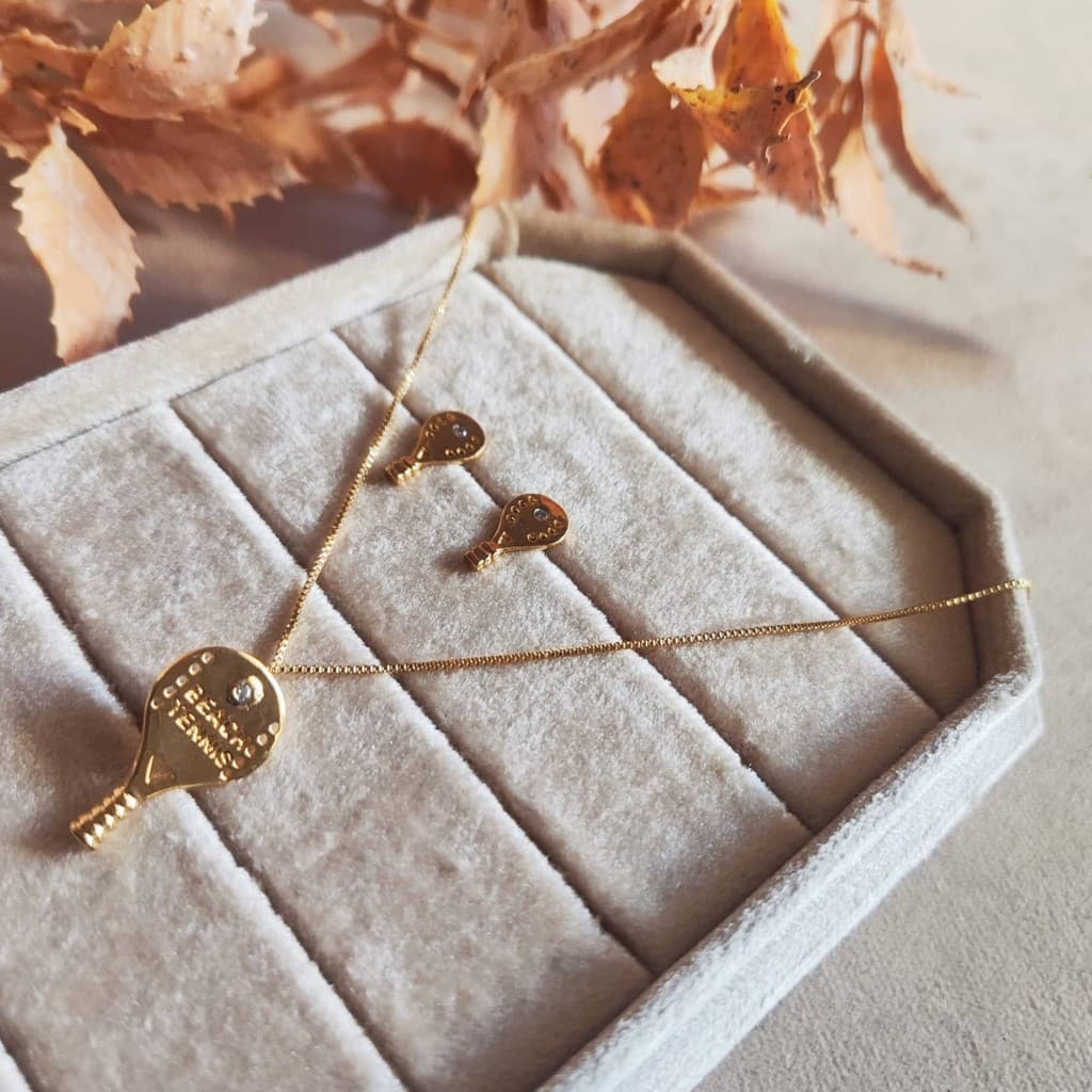 Beach Tênis Conjunto Colar e Brinco raquete Dourado Folheado a Ouro