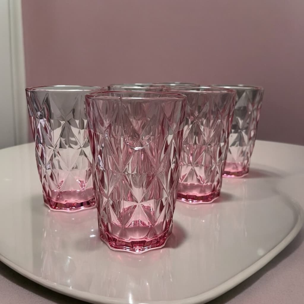 Jogo De Copos 6 Peças Rosa Diamond Kehome 340ml Vidro Elegante Prático Resistente