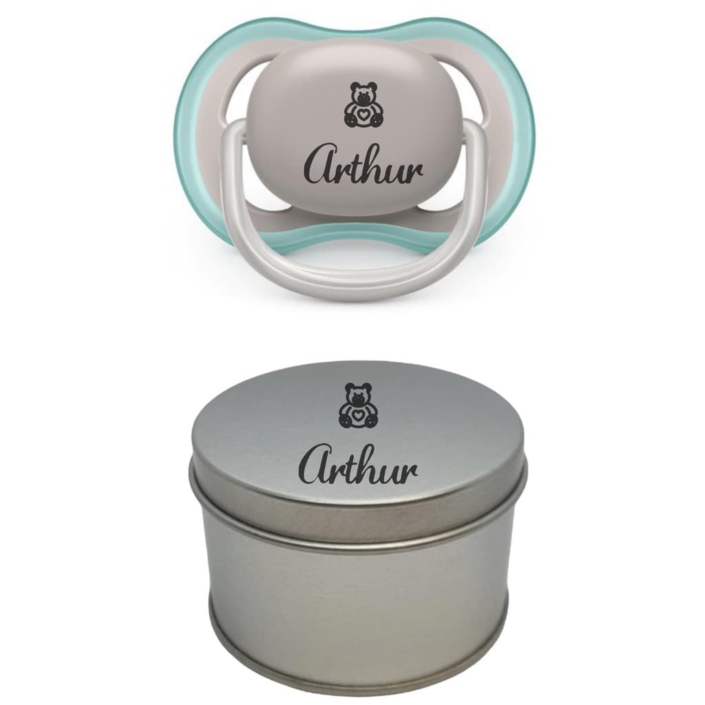 Kit Chupeta Avent Ultra Air 18+ Cinza Personalizada com Lata