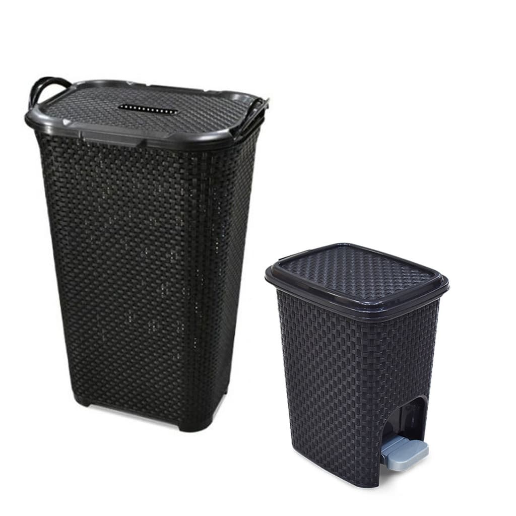 Kit Cesto de Roupas Organizador 50 Litros Multiuso Preto Com Tampa + Lixeira Com Tampa e Pedal 7 Litros Rattan Preta