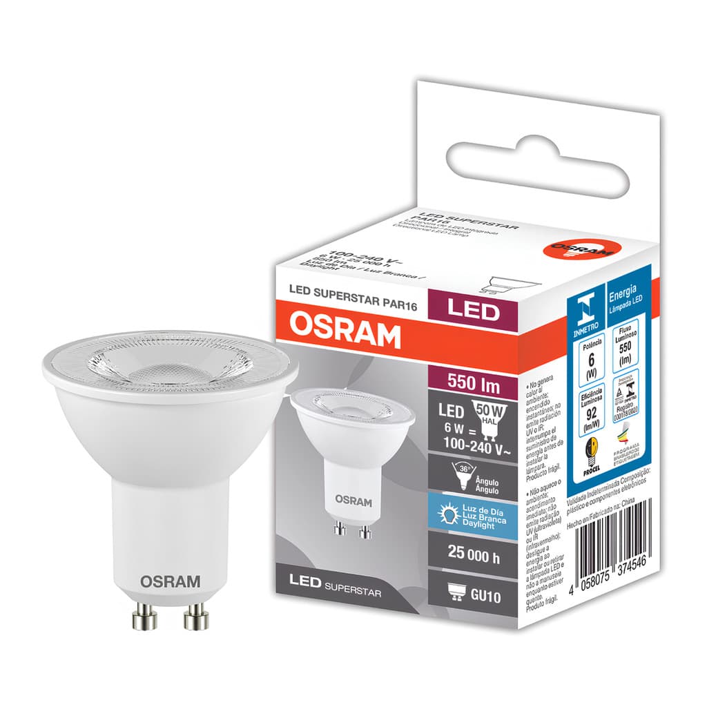 Kit 10 Lampada Dicroica Par16 Ho 6W 6500K 550Lm Bivolt Osram