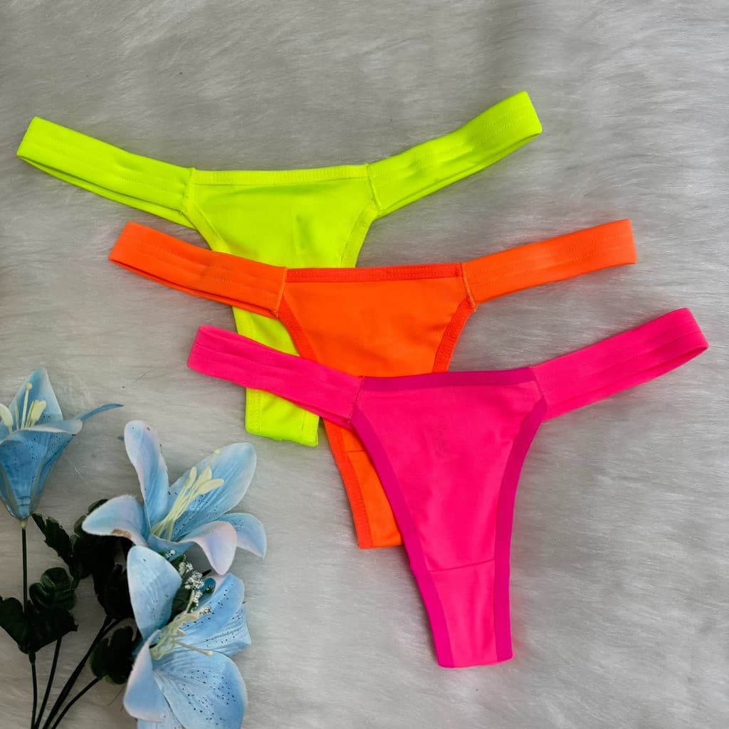 Kit 03 Tanga Neon Fio Dental Duplo Elástico Laterais Denise