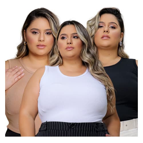 Kit 3 Blusinha Ribana Alça Regata Básica Feminina Plus Size