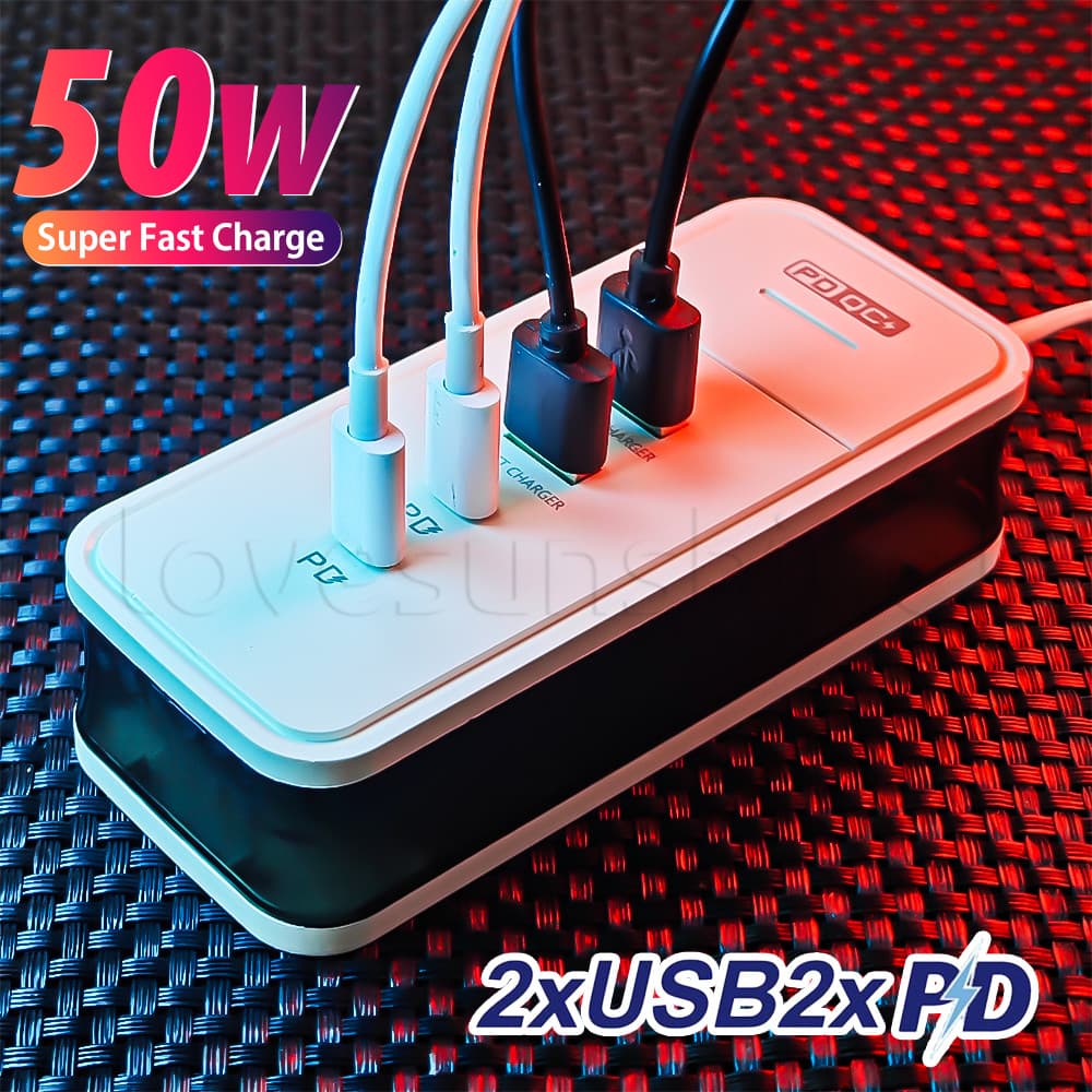 Dock De Carregamento Plug-in Duplo USB + Dual TypeC 4 Em 1-Plugue Inteligente E Rápido Para Celular-Tomada De Carregador