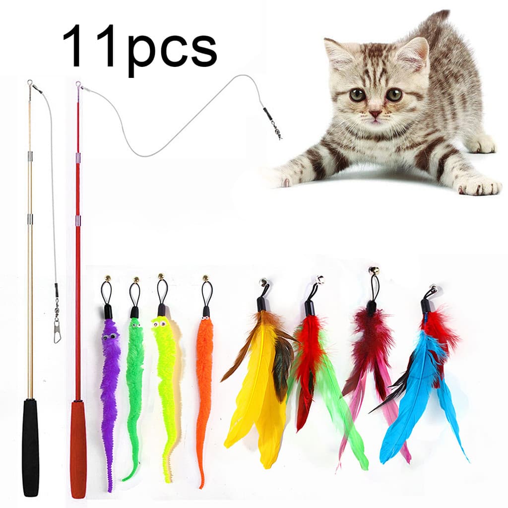11 Unidades/Pacote Substituição Gato Pena Brinquedo Conjunto Teaser Varinha Para Gatinho Treinamento Interativo Jogando