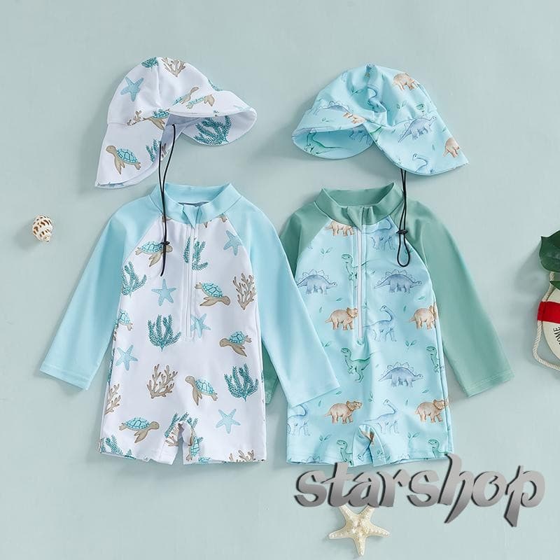 Starshop-Kids Meninos Verão Roupa De Banho Casual Dinossauro/Mar Criatura Impressão Zíper Rash Guard Maiô E Chapéu Beach