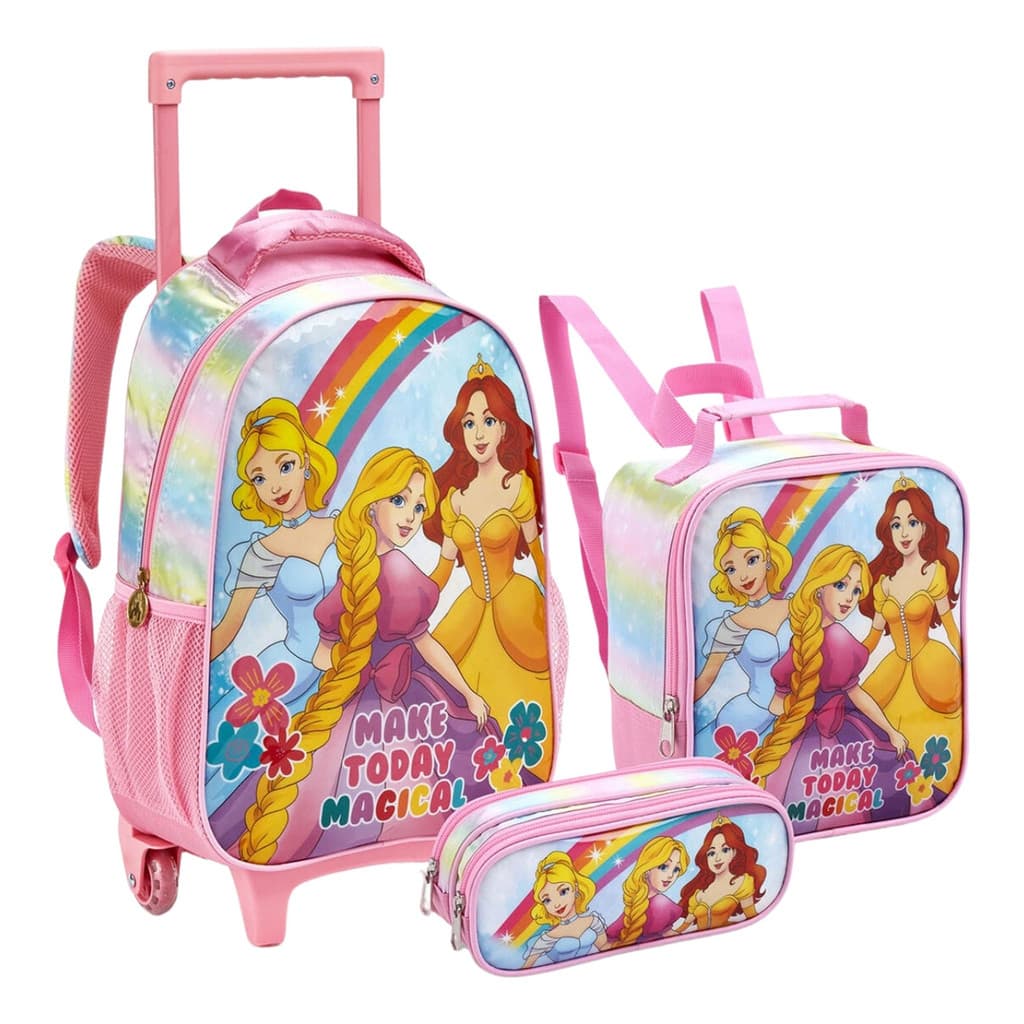 Kit Mochila Rodinha Lancheira Estojo Infantil Escolar Menina Cinderela Bela Princesas Seanite