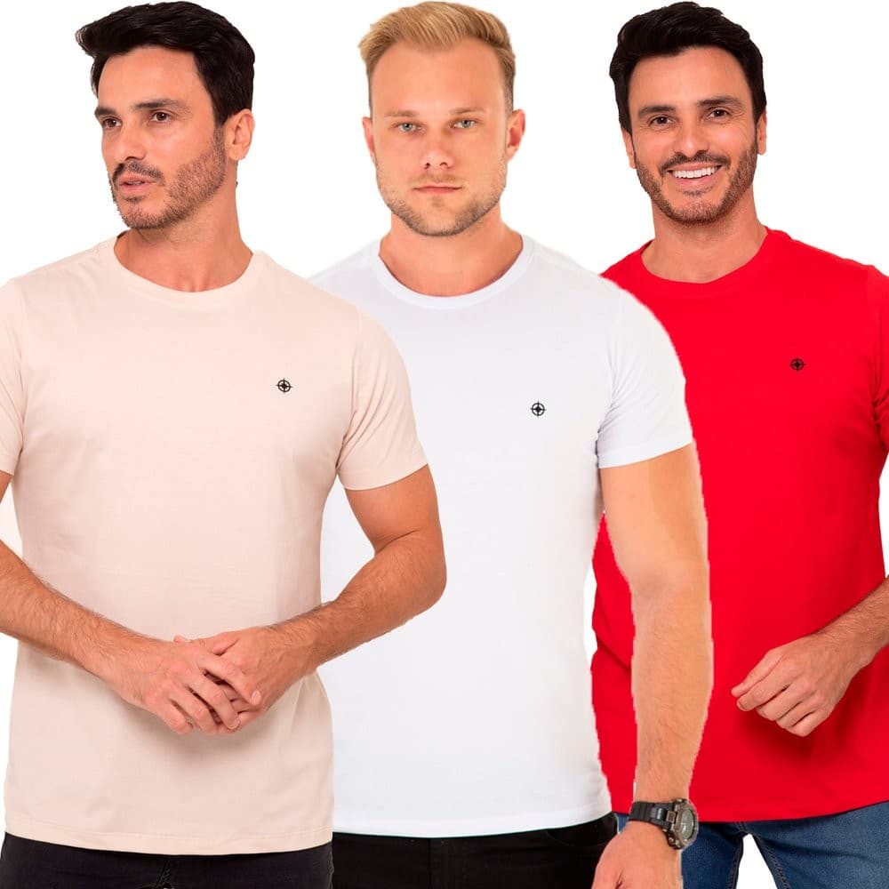 Kit 3 Camisetas Masculina Algodão Premium Casul Reforço de Ombro a Ombro