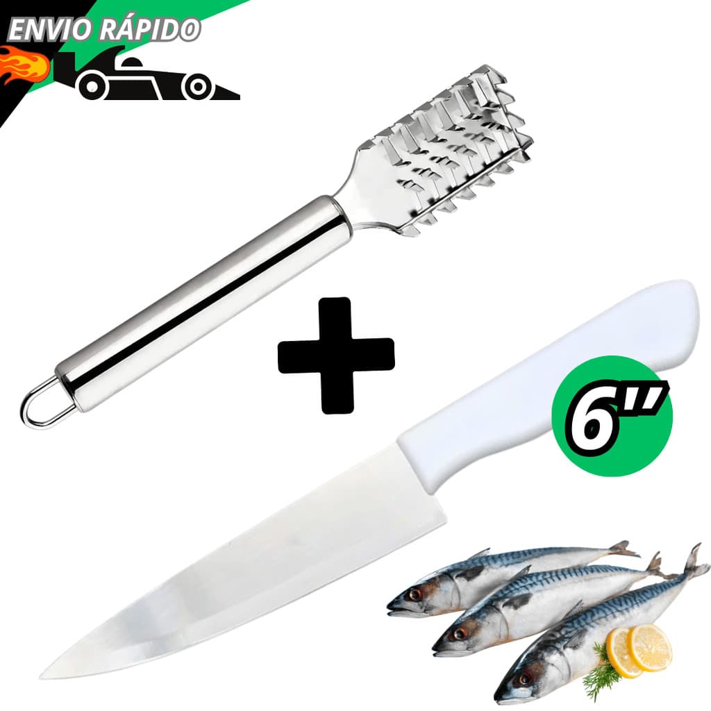 Kit Escamador de Peixe Com Faca De Cozinha Inox Peixeira Do Chef Com Cabo Branco 6'