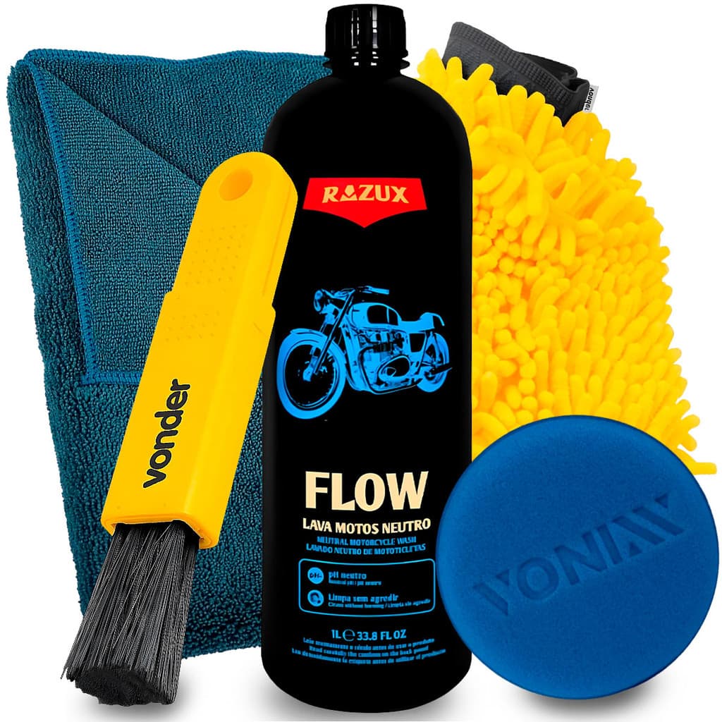 Flow Razux 240ml Shampoo Para Motos Concentrando + Pano + Luva + Pincel + Aplicador Vonixx