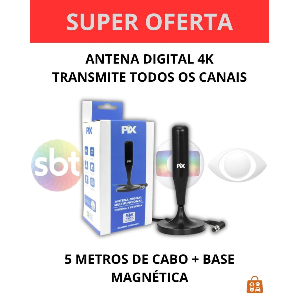 Antena Digital Pix 5 Metros Sinal Digital E Analógico TV 4k UltraHD Base Magnética Universal A Prova D'Água