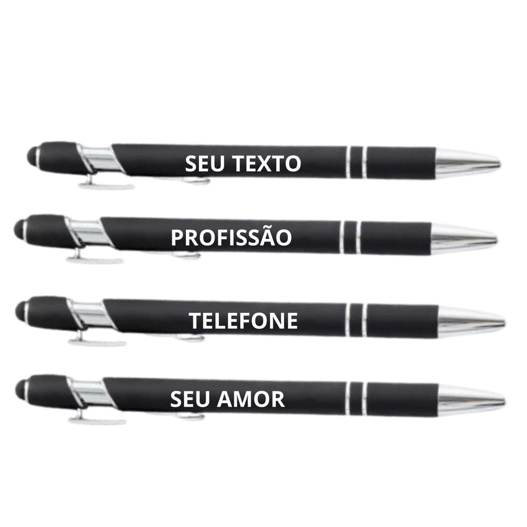Kit 6 Canetas Personalizadas de Metal c/ Touch Preta Brilhante com Detalhes Prata com seu Nome