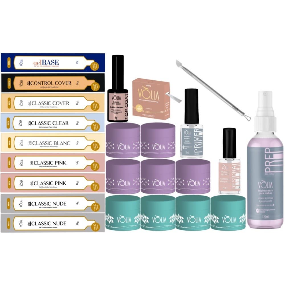 9 GEL VOLIA SACHE + 5 POTES LILAS + 4 AZUL+ PREPARACAO UNHA