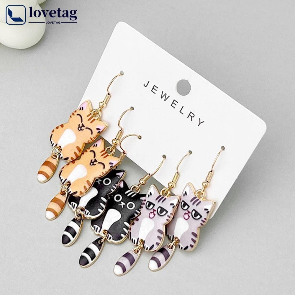 LOVETAG 3 Pares De Brincos Esmaltados De Gato Liga Pintura A Óleo Orelha De Desenho Animado Para Mulheres Meninas Moda C