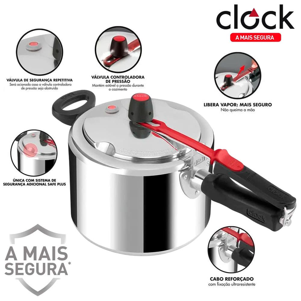Panela de Pressão Clock+ em Alumínio Original Polida Fechamento Interno 4,5L
