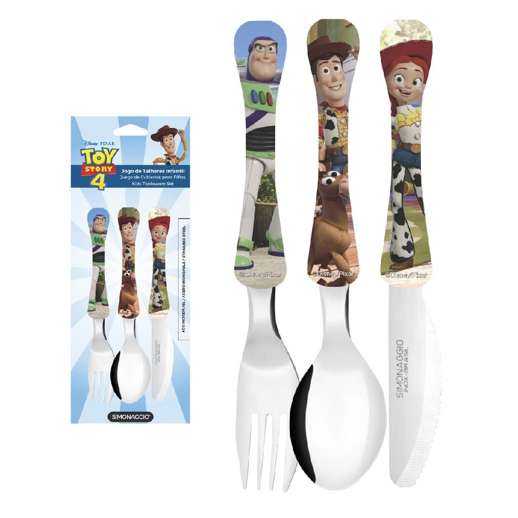 Kit 3 Talher Infantil Disney Inox Simonaggio Mickey  Minnie Frozen  Toy Story Stitch