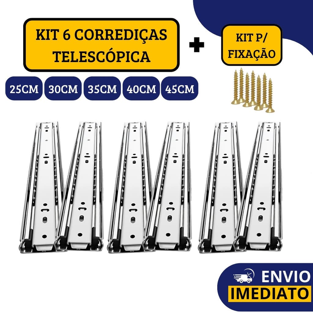 Kit 6 Corrediças Gaveta Trilho Telescópica Light COM Parafusos | 25cm - 30cm - 35cm - 40cm - 45cm Melhor Preço