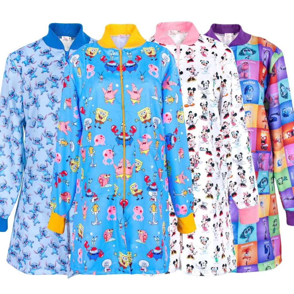Jaleco Feminino com Personagens Bob Esponja, Stitch, Moderno e Confortável para Profissionais