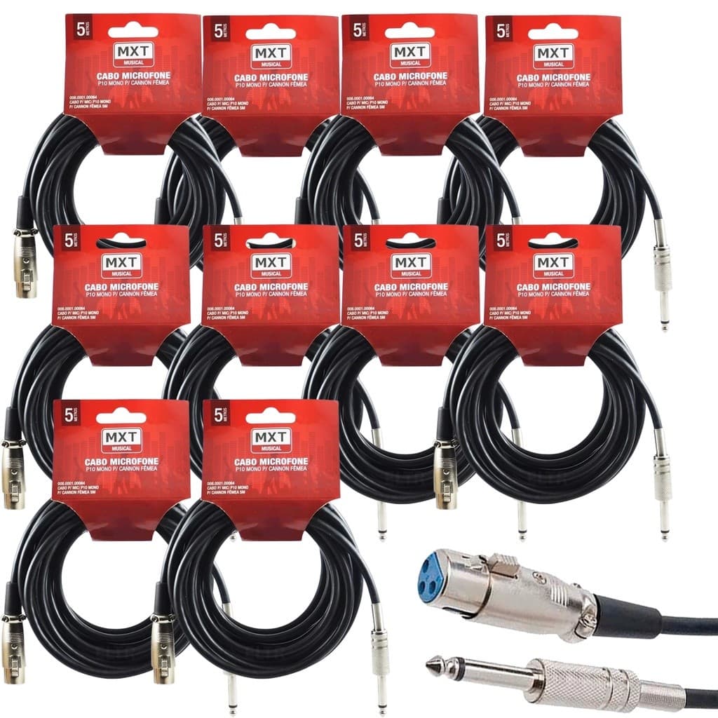 Kit 10 Cabo Microfone Xlr Canon P10 Mono Violão 5m metros Mesa som Amplificador Profissional Mxt