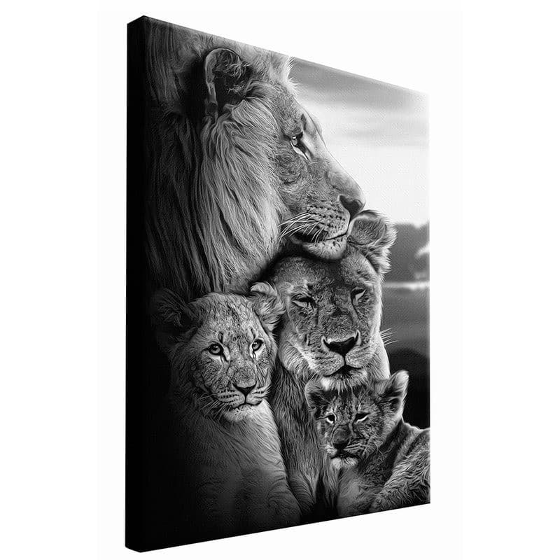 Quadro Decorativo Leão Dois Filhotes P&B