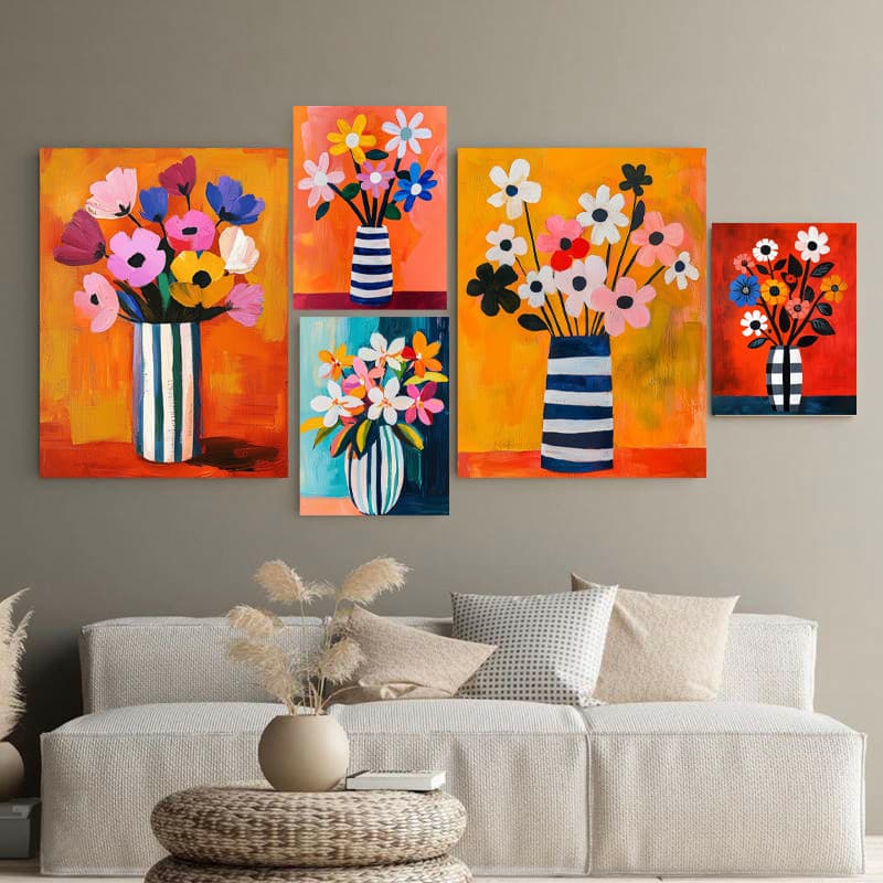 Quadros Decorativos 5 pcs Pintura decorativa de cinco peças com motivos florais modernos para sala de estar