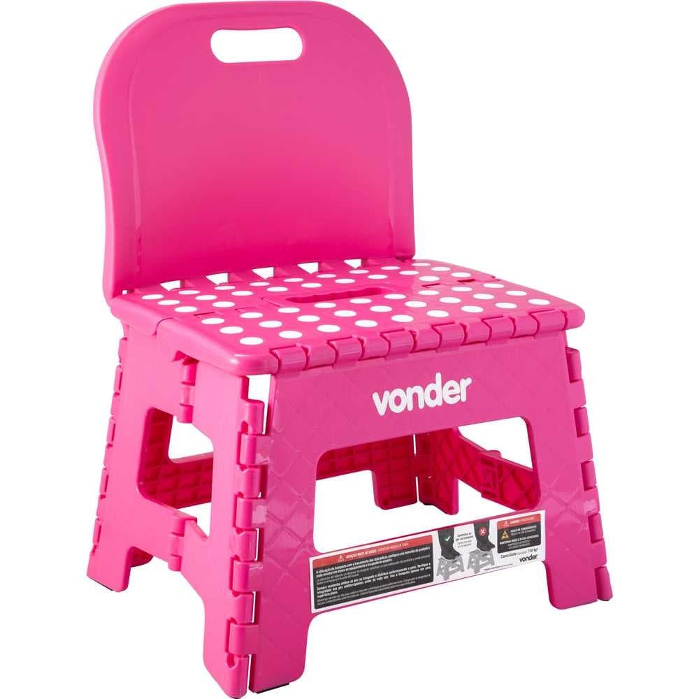 Banqueta Plástica Dobrável, Rosa, Altura 220mm, com Encosto - Vonder