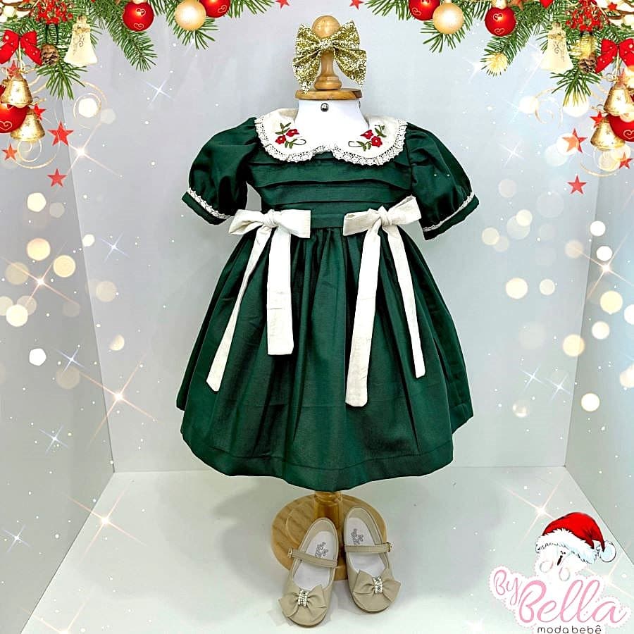 VESTIDO INFANTIL MENINA BORDADO LINHO NATAL DUENDE VERDE