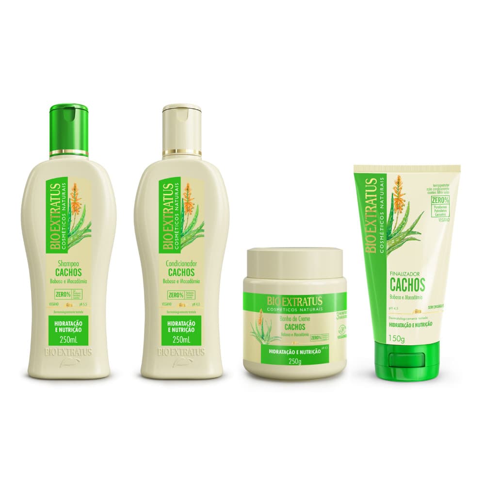 Kit Cachos Shampoo Condicionador Banho de Creme 250mL e Finalizador 150g Bio Extratus