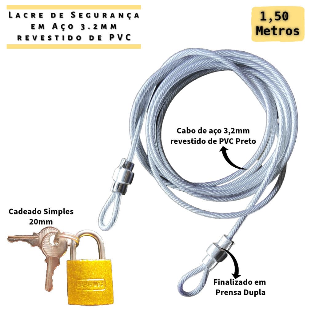 1 Lacre Cabo Segurança 1,50 Mt + Cadeado 20mm Bag Bike Bolsa Trava