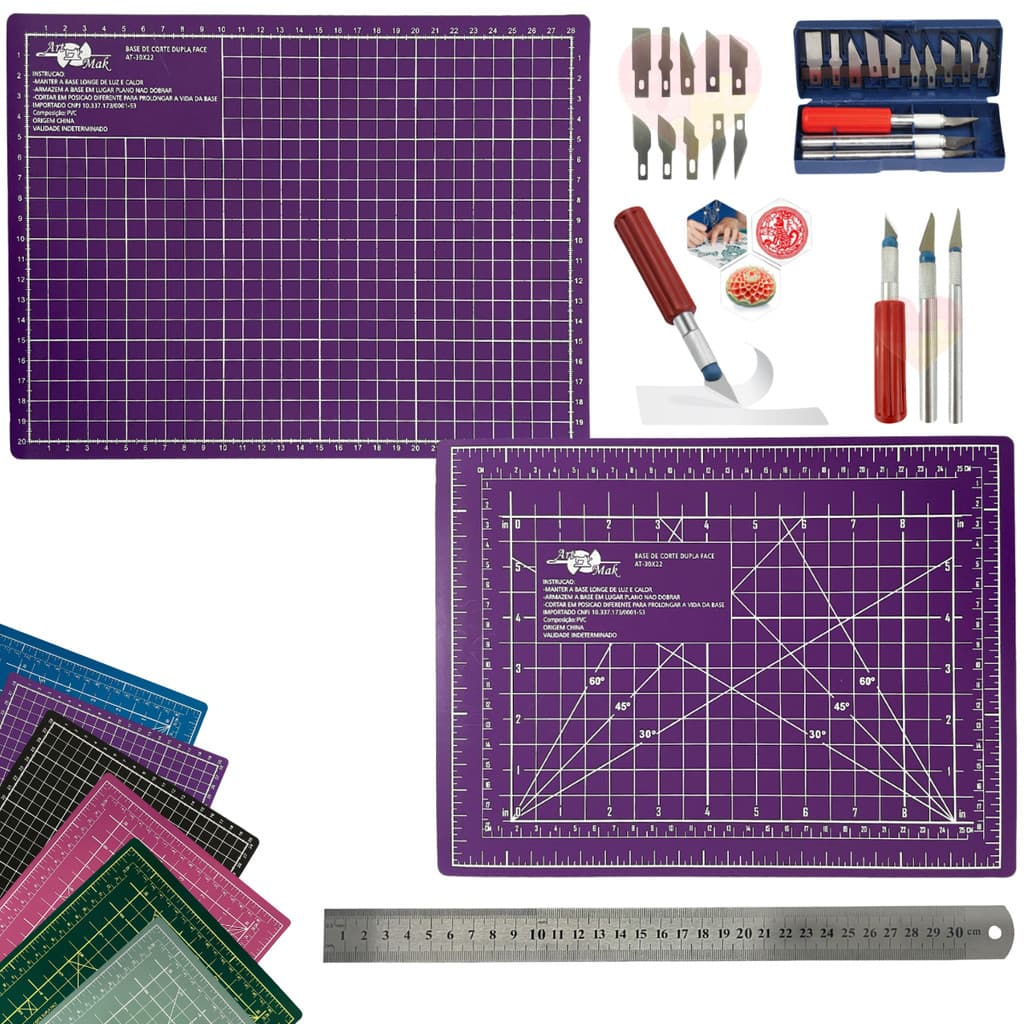 Kit Base de Corte A4 30x22cm Multiuso Costura Artesanato Patchwork Desenho Jogo Estilete Precisão 13Pçs Regua Metal 30cm