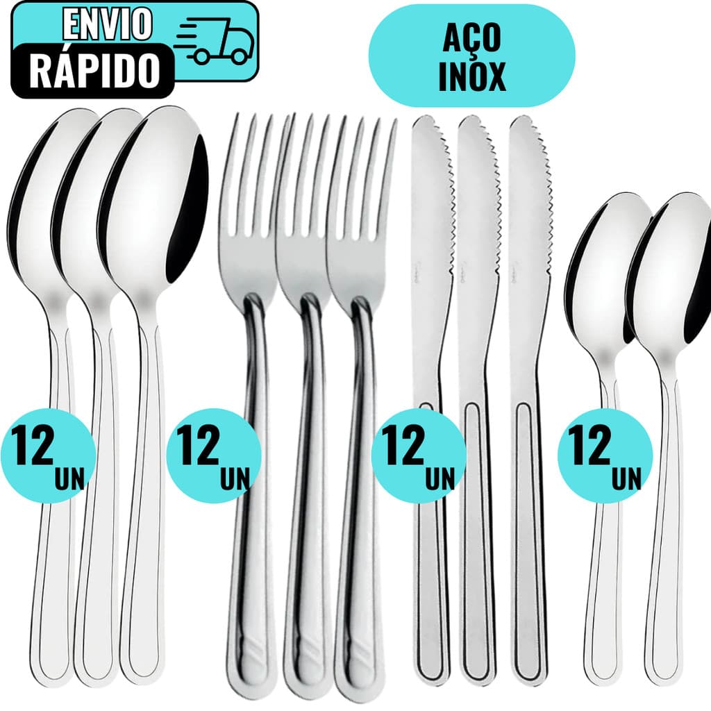 Kit Talher 48 Unidades 12 Garfos 12 Facas 12 Colheres 12 Colheres De Sobremesas Em Aço Inox