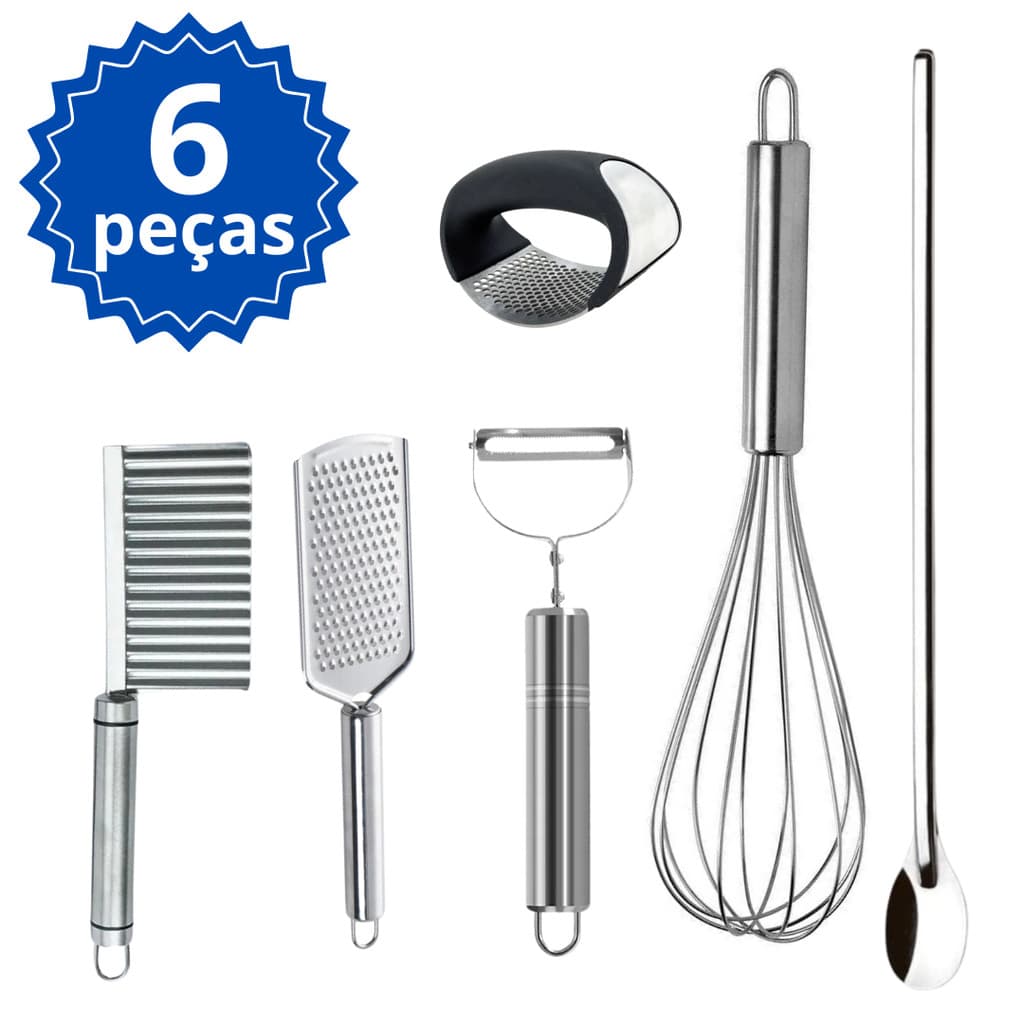 Kit  Espremedor de Alho Descascador de Legumes Amassador de Batata Inox Colher Suco Ralador inox