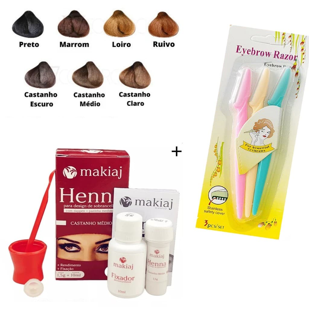 Kit 4 Sobrancelha Henna Makiaj Completo Gel Fixador 7 Cores 1 Henna+3 Lâminas Navalha Sobrancelha