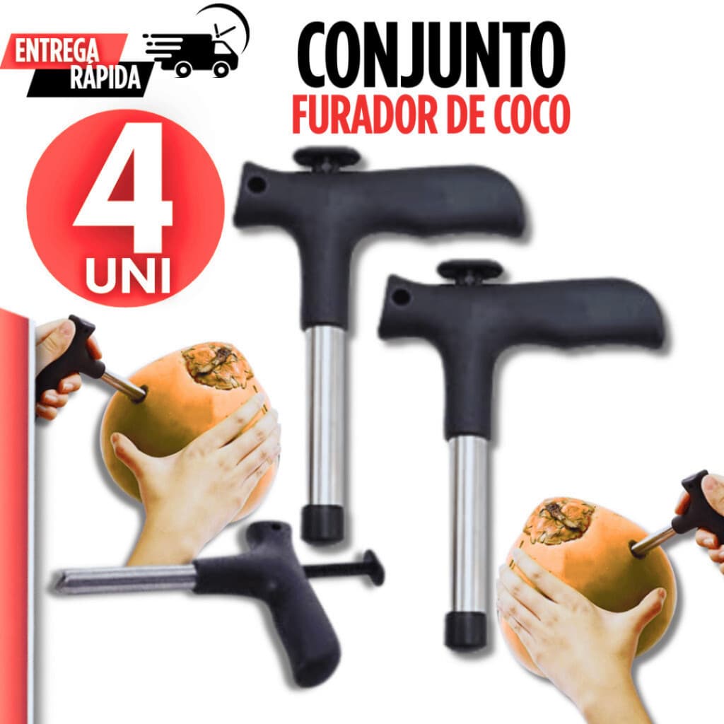 Jogo 04 Unidades - Furador De Coco Em Aço Inox Resistente Abridor Manual Variáveis