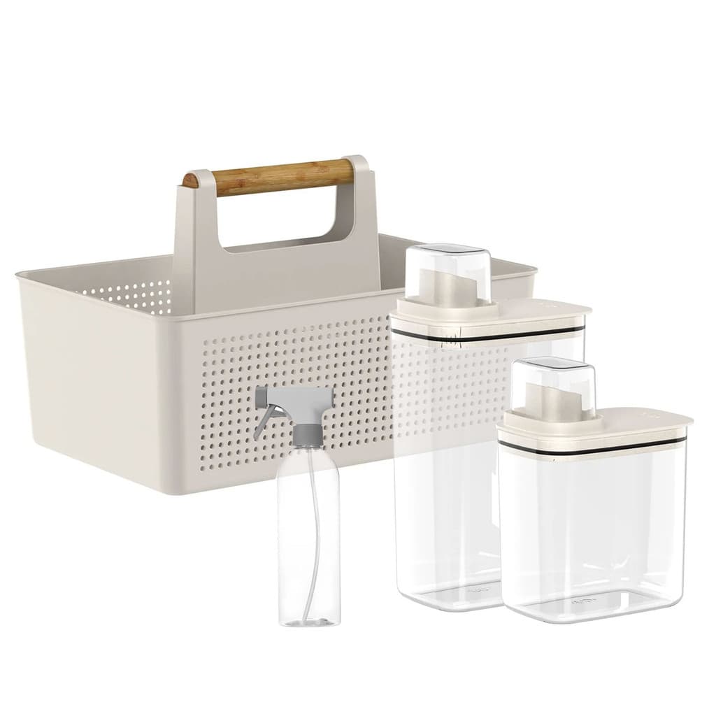 Kit Lavanderia Simples Com Organizador + 2 Dispenser + Borrifador Bege