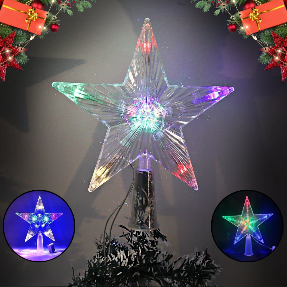 Estrela Ponteira Árvore de Natal Com LED Colorido Pisca Pisca Decorativo 15cm 127V Decoração Natal