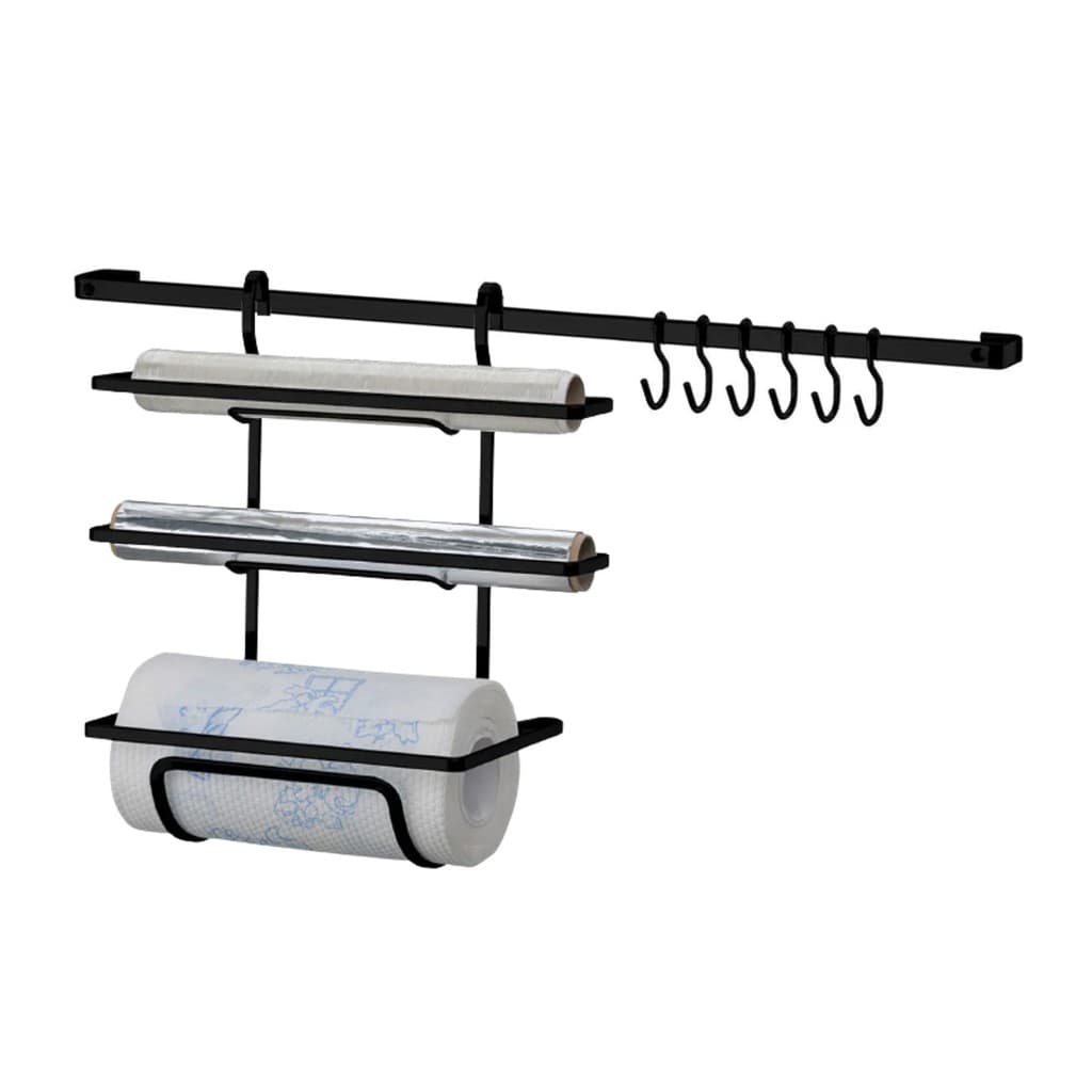 Kit Cozinha 2 Peças Barra 45cm Parede Suporte Porta Rolo Triplo Papel Toalha Preto Fosco Future