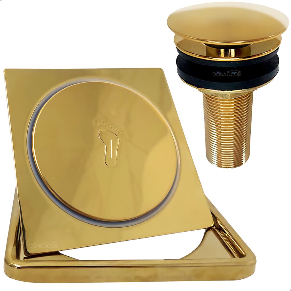 Ralo Click E Porta Grelha Inox 10cm Valvula Click 7/8 Kit Banheiro Completo Dourado Ralo Pia 30mm