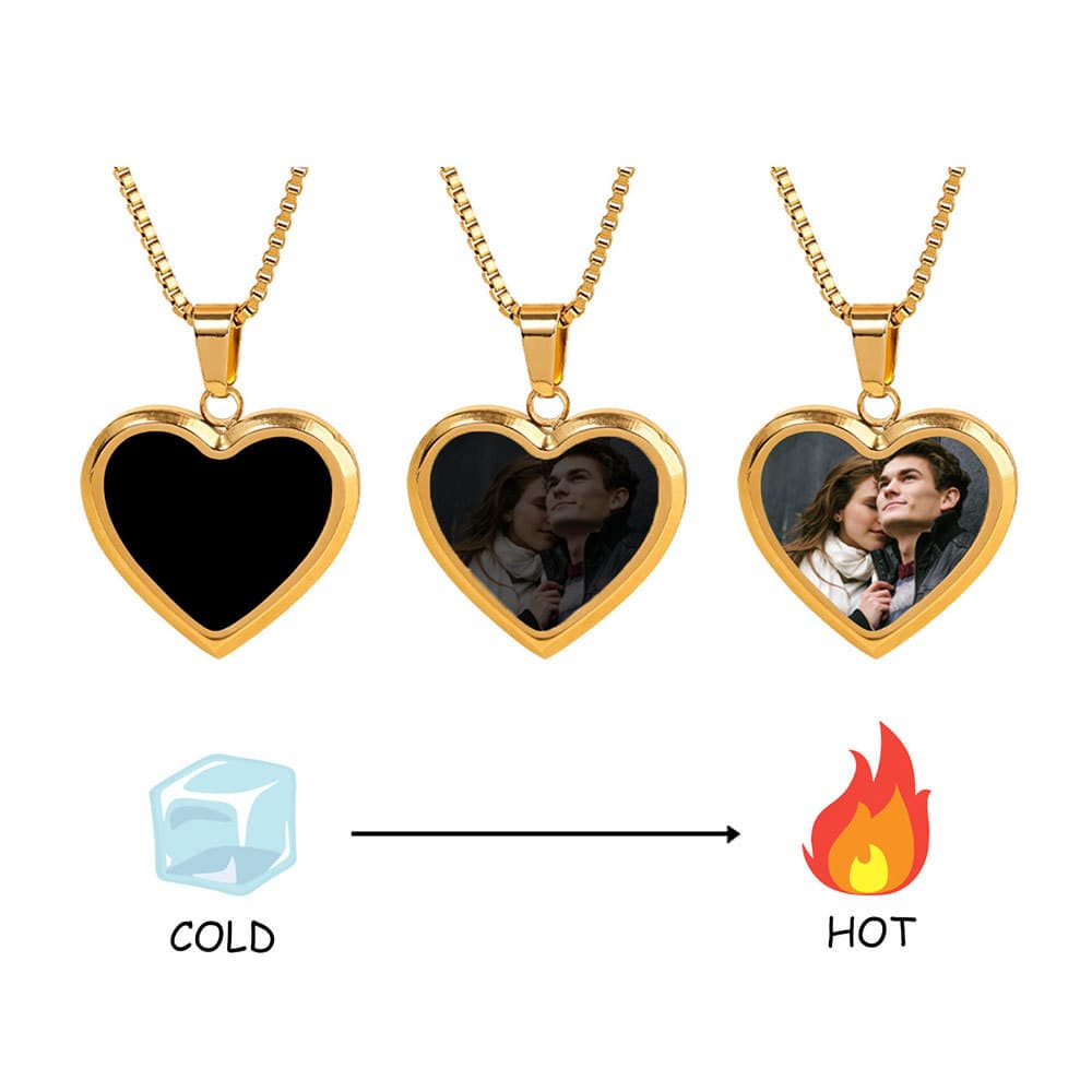 Colar de Coração que Muda de Cor com a Temperatura, Personalizável com Fotos e Nomes, Colar para Casais