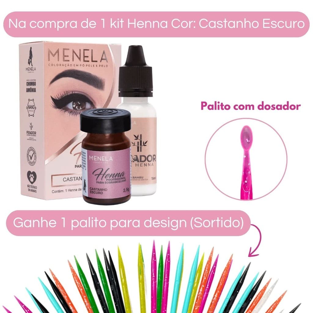 Kit Henna Castanho Escuro Menela + Palito Para Design De Sobrancelhas (Sortido)