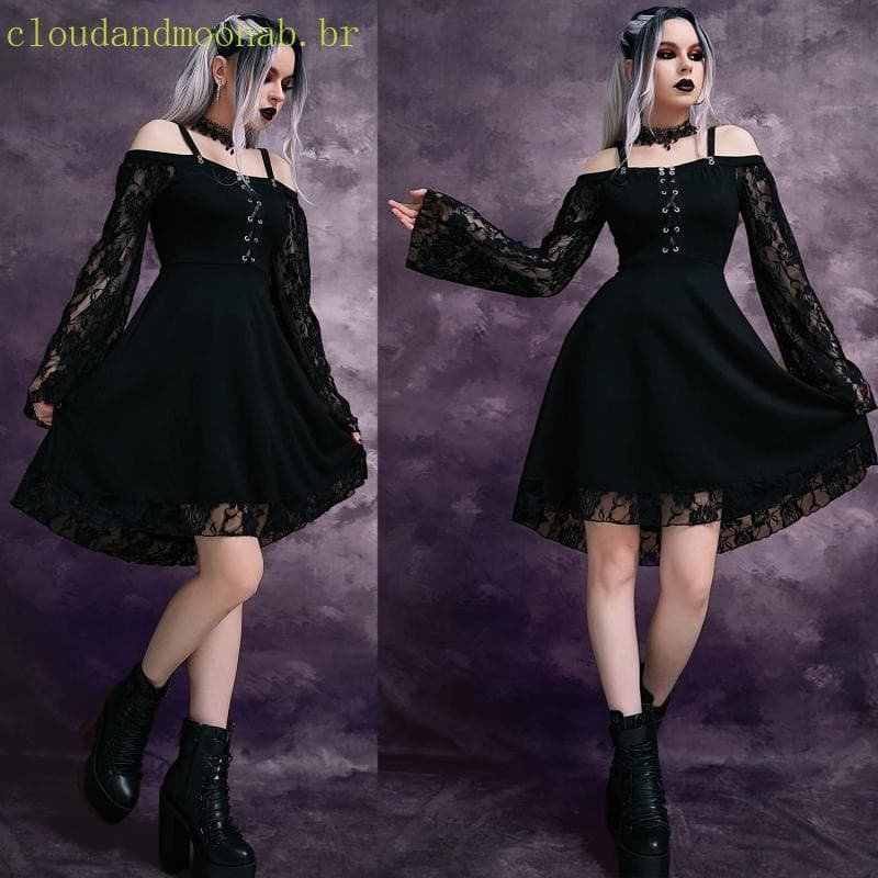CLO Vestido Feminino Gótico Punk Renda Costura Sino Swing Ombro Frio Linha A Roupa Festa Hall