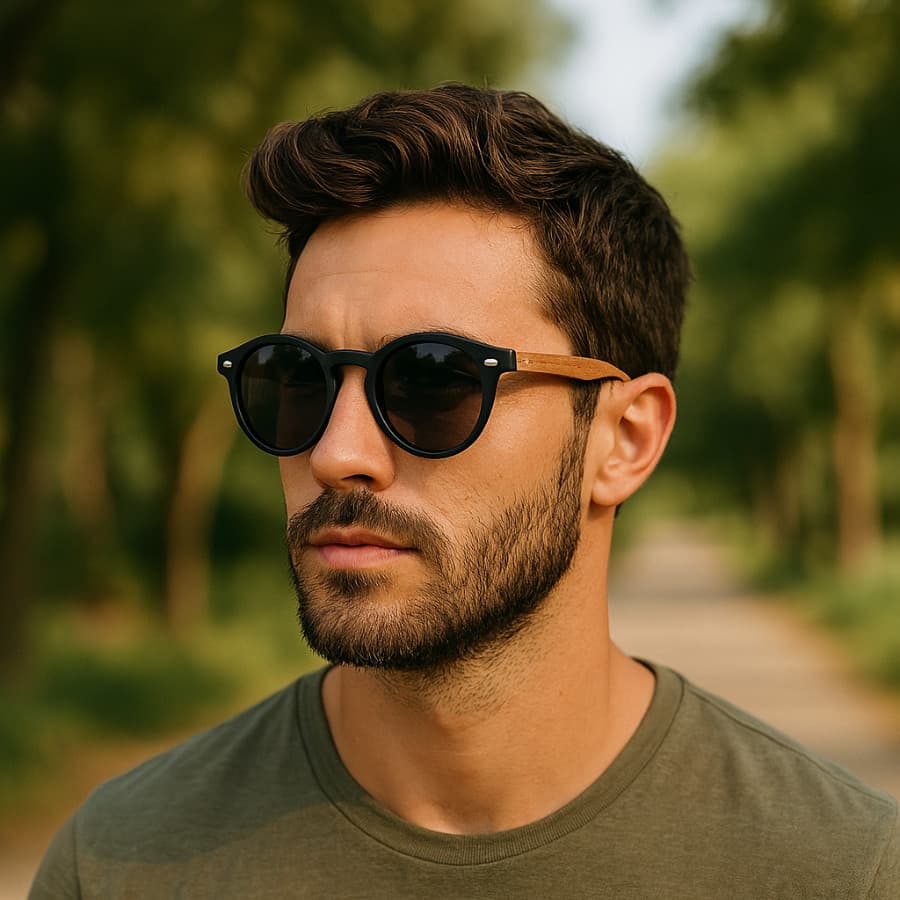 Óculos de Sol Masculino Feminino Redondo com Haste de Madeira Bambu Lentes Polarizadas UV400