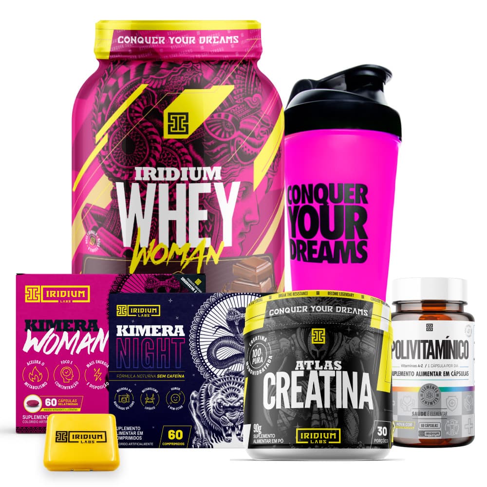Whey Protein Woman + Creatina 90g + Kimera Woman + Kimera Night + Polivitaminico 60comps + Coqueteleira + Porta Caps